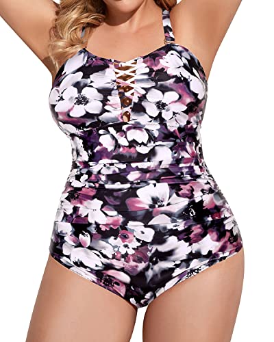 Plus Size One Piece Swimsuits Deep V Neck And Full Coverage For Women-Purple Floral