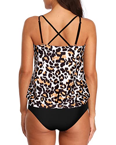 2 Piece Blouson Tankini Bathing Suits Sports Soft Bra For Women-Black And Leopard