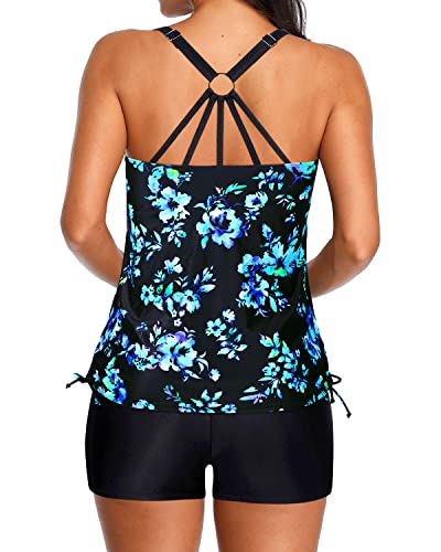 Tummy Control Swimwear Female Tankini Soft Padded Swim Top-Black Blue Floral