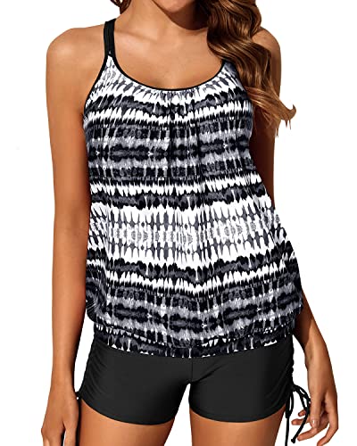 Athletic Blouson Tankini Swimsuits Two Piece Strappy Bathing Suit Tops Shorts-Black And White Tribal