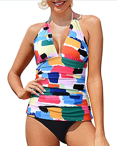 Halter V Neck Tankini Swimsuits Bikini Bottom Tummy Control Bathing Suits-Aqua