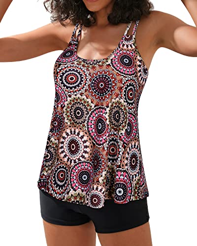 Flowy Tankini Tops Removable Push Up Bra And Boy Shorts Swimwear-Brown Print