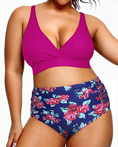 Sexy V Neck High Waisted Plus Size Bikini Bathing Suits-Pink Floral
