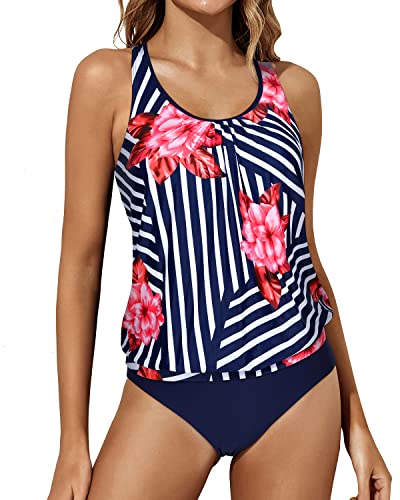 Loose Fit Two Piece Tankini Bathing Suits For Women Tummy Control-Blue Floral