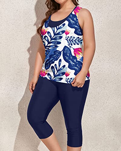 3 Piece Tankini Swimsuits For Women Plus Size Sports Bra And Swim Capris-White And Blue Floral