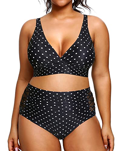 Plus Size Bikini High Waisted Two Piece Bathing Suits Tummy Control Swimwear-Black Dot