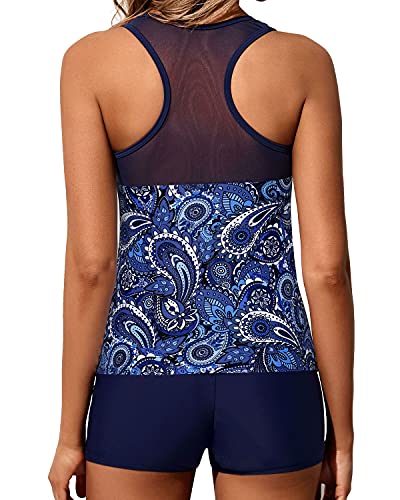 2 Piece Modest And Fitted Tankini Swimsuit Boyleg Bottoms-Navy Blue Tribal