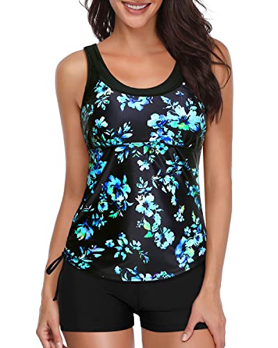 Volleyball Sport Tankini Swimsuits Shorts Slimming Swimwear-Black Blue Floral