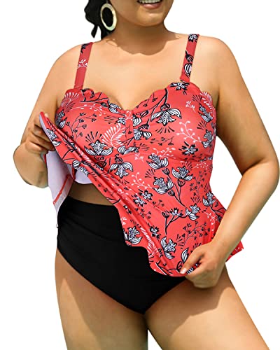 Two Piece Ruffle Hem Peplum Tankini Swimsuits For Curvy Girls-Red Floral