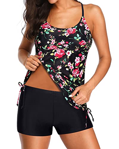 Modest Coverage Long Torso Tankini Swimsuits For Women-Black Floral