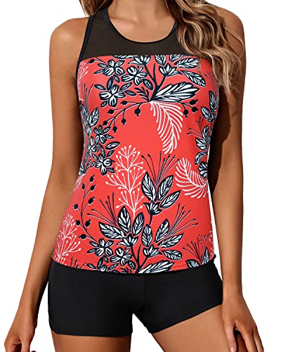 Racerback Tank Top And Boy Shorts Two Piece Bathing Suit For Women-Red Floral