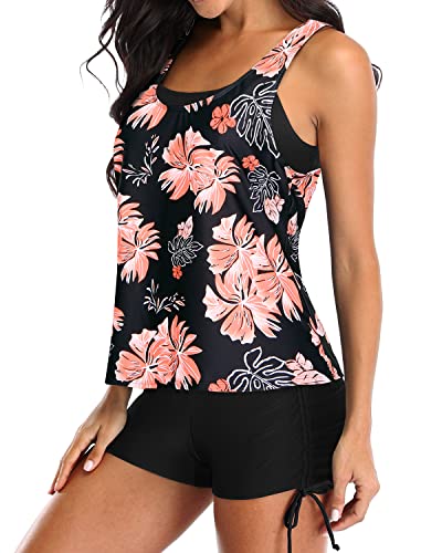 Push Up Padded Tankini Tank Tops Bra And Boyshorts-Black Orange Floral