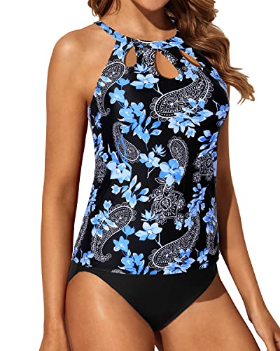 Tummy Control High Neck Tankini High Waisted Swim Shorts-Black Floral