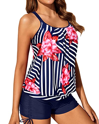Full Coverage Drawstring Boyleg Bottom Womens Blouson Tankini Swimsuits-Blue Floral