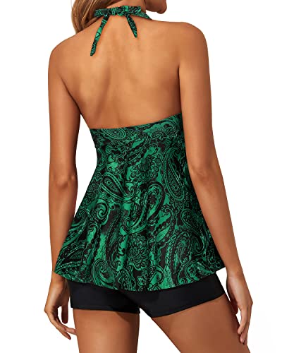 Women's Strapless Tankini Swimsuit Adjustable Self-Tie And Open Back Detail-Green Paisley