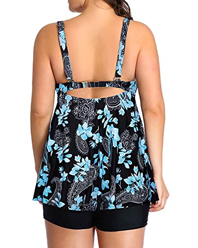 Cute And Covered Tankini Swimsuits Shorts For Women-Black Floral