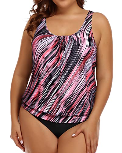 Plus Size Two Piece Blouson Tankini Swimsuit For Women-Pink Stripe