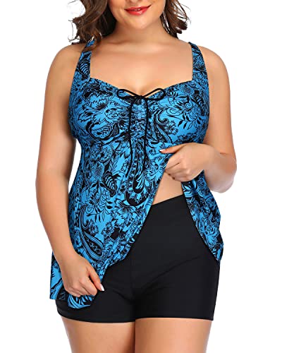 Adjustable Shoulder Straps Tankini Swimsuits Shorts For Women-Black And Tribal Blue