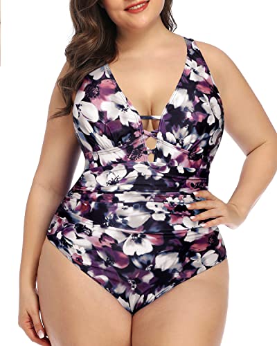 Tummy Control Lace Up Plunge V Neck Plus Size One Piece Swimsuit-Purple Floral