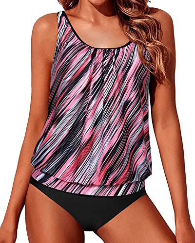Adjustable Shoulder Straps Blouson Tankini Swimsuits For Women-Pink Stripe