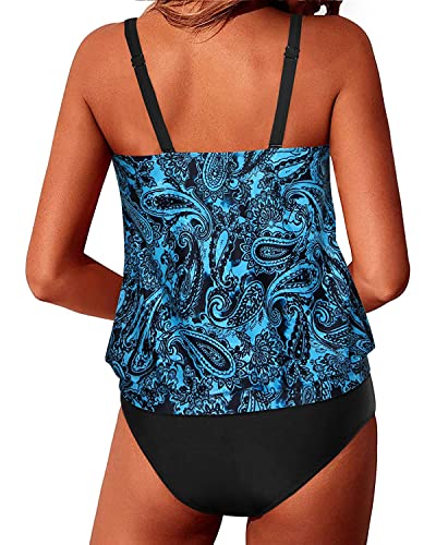 Modest Bathing Suits Loose Fit Blouson Tankini Swimsuits For Women-Blue Paisley