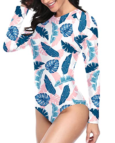 Full Coverage Bathing Suit Built-In Bra Zipper Rash Guard For Women-Blue And Pink Leaf