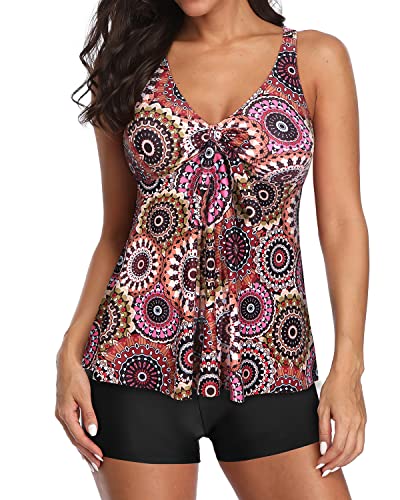 V Neck Tankini Bathing Suits Removable Padded Bras For Women-Brown Print