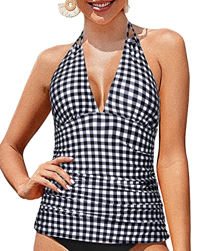 Backless Open Back Halter Top Swimsuits For Women-Black And White Checkered