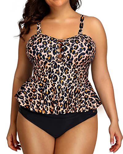 Retro Ruffle Tankini Tops Lace Strappy Sides Bikini Bottoms For Women-Brown Leopard