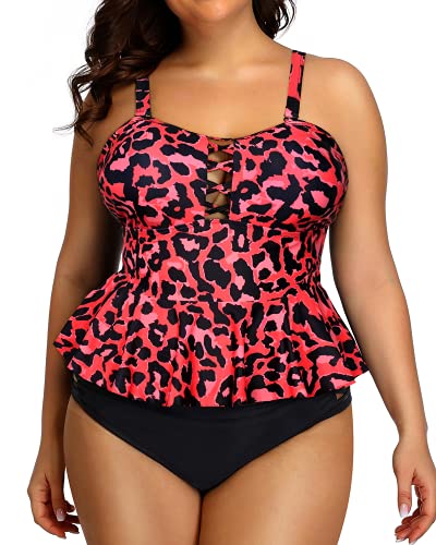 Lace Up Women's Plus Size Swimsuits Peplum Tankini Tops-Red Leopard