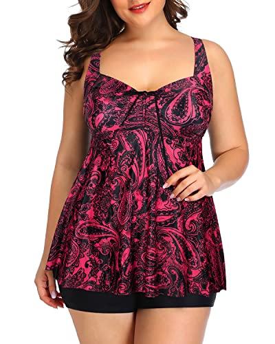 Flyaway Plus Size Tankini Swimsuits For Women Shorts-Red Paisley