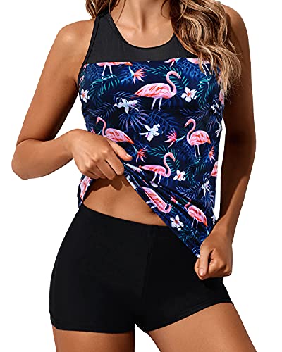 Tummy Control Bathing Suit Athletic Racerback Tankini Swimsuits-Black Flamingo