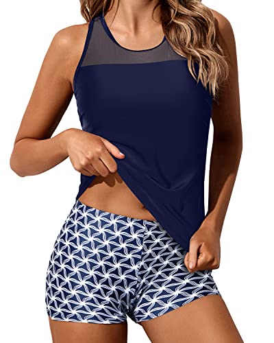 Athletic Racerback Tankini Swimsuit Boy Shorts For Women-Navy Blue Tribal