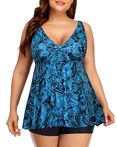 Plus Size Flyaway Bathing Suits Adjustable Shoulder Straps-Black And Tribal Blue