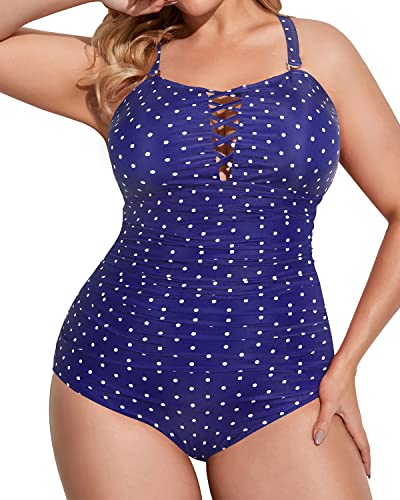 Vintage Deep V Neck Plus Size One Piece Swimsuit Lace Up Swimwear-Navy Blue Polka Dot