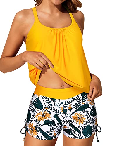 Loose Fit Criss Cross Swimwear Tankini Swimsuits Full Coverage Boy Shorts-Yellow Floral