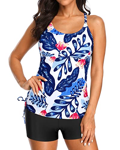 Adjustable Strappy Back Athletic Tankini Swimsuits For Women-White And Blue Floral