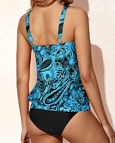 Sporty Tank Top Vintage Tankini Swimsuits For Women-Black And Tribal Blue