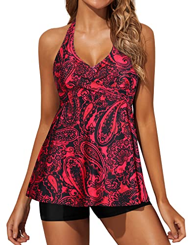 Cute & Stylish Tankini Swimsuits For Women Shorts-Red Paisley