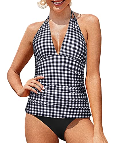 Two Piece Halter Tankini Swimsuits V Neck Tops Bikini Bottom-Black And White Checkered