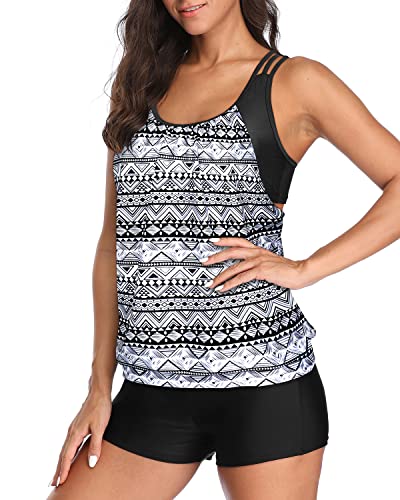 Modest Coverage Two Piece Tankini Swimsuits For Women-Black Stripe