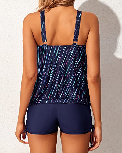 Women's Blouson Tankini Swimwear Adjustable Shoulder Straps-Navy Blue