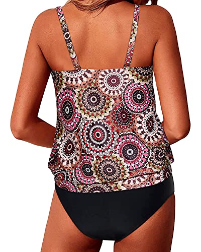 Adjustable Straps Loose Fit Swimsuits For Women 2 Piece Tankini-Brown Print