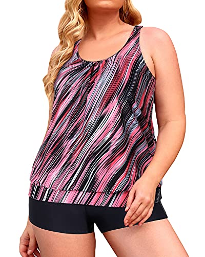 Wirefree Chest Pad Tankini Boy Shorts Swimsuits For Women-Pink Stripe