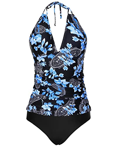 Halter Tankini Tops Bikini Bottom Two Piece Tummy Control Swimsuit-Black Floral