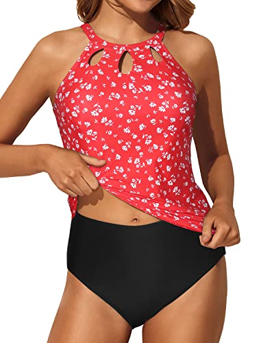Flattering High Neck Tummy Control Tankini Swimsuit For Women-Red Floral