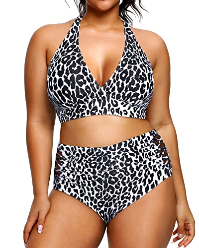 Plus Size Women's Halter Bikini Swimsuit Tummy Control Two Piece-Gradient Leopard