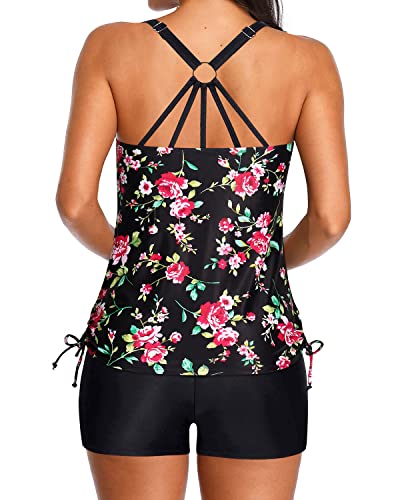 Modest Coverage Long Torso Tankini Swimsuits For Women-Black Floral
