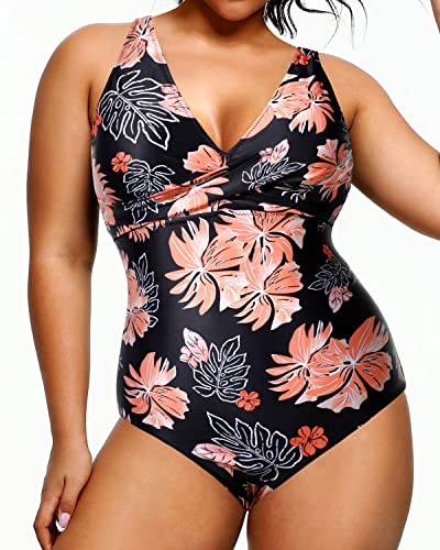 One Piece Plus Size Swimwear Push-Up Bra For Women-Black Orange Floral