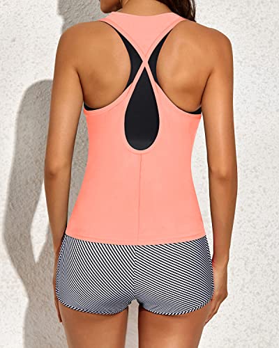 Sports Bra And Boyshorts Tankini Shorts For Women's Athletic Swimwear-Pink And Stripes